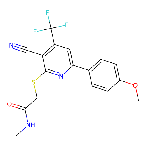 2-((3-cyano-6-(4-methoxyphenyl)-4-(trifluoromethyl)pyridin-2-yl)thio)-N-methylacetamide structure