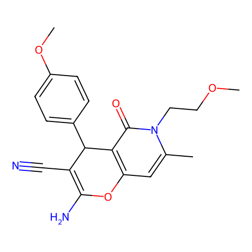 2-amino-6-(2-methoxyethyl)-4-(4-methoxyphenyl)-7-methyl-5-oxo-5,6-dihydro-4H-pyrano[3,2-c]pyridine-3-carbonitrile structure