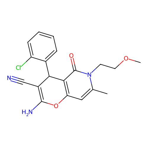 2-amino-4-(2-chlorophenyl)-6-(2-methoxyethyl)-7-methyl-5-oxo-5,6-dihydro-4H-pyrano[3,2-c]pyridine-3-carbonitrile structure