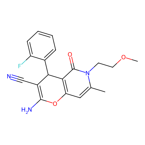 2-amino-4-(2-fluorophenyl)-6-(2-methoxyethyl)-7-methyl-5-oxo-5,6-dihydro-4H-pyrano[3,2-c]pyridine-3-carbonitrile structure