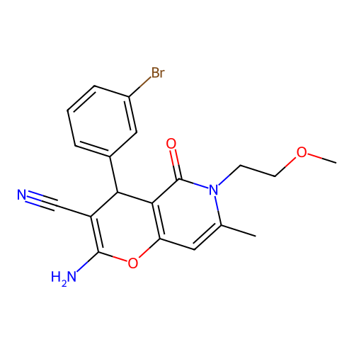 2-amino-4-(3-bromophenyl)-6-(2-methoxyethyl)-7-methyl-5-oxo-5,6-dihydro-4H-pyrano[3,2-c]pyridine-3-carbonitrile structure