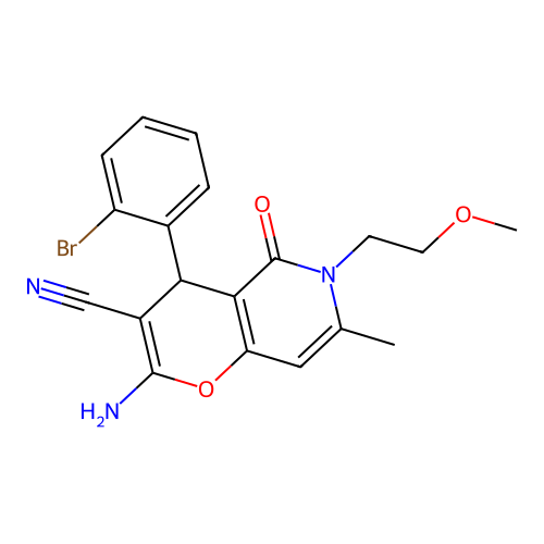2-amino-4-(2-bromophenyl)-6-(2-methoxyethyl)-7-methyl-5-oxo-5,6-dihydro-4H-pyrano[3,2-c]pyridine-3-carbonitrile structure