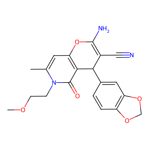 2-amino-4-(1,3-benzodioxol-5-yl)-6-(2-methoxyethyl)-7-methyl-5-oxo-5,6-dihydro-4H-pyrano[3,2-c]pyridine-3-carbonitrile structure