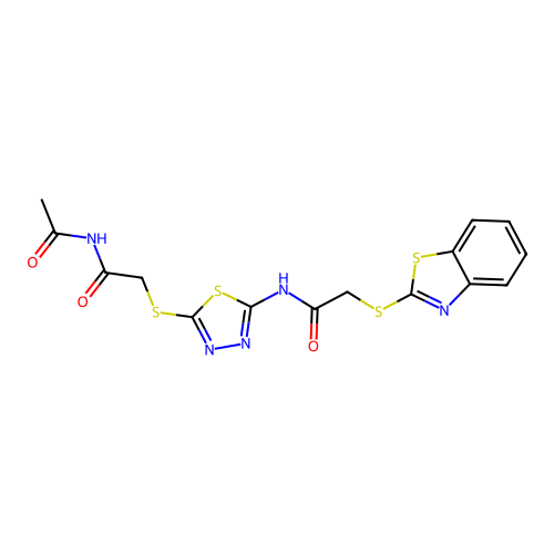 N-[5-(2-acetamido-2-oxoethyl)sulfanyl-1,3,4-thiadiazol-2-yl]-2-(1,3-benzothiazol-2-ylsulfanyl)acetamide structure