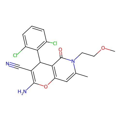2-amino-4-(2,6-dichlorophenyl)-6-(2-methoxyethyl)-7-methyl-5-oxo-5,6-dihydro-4H-pyrano[3,2-c]pyridine-3-carbonitrile structure
