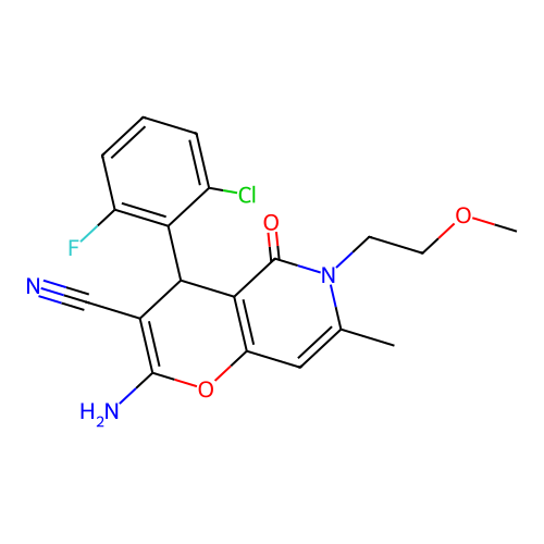 2-amino-4-(2-chloro-6-fluorophenyl)-6-(2-methoxyethyl)-7-methyl-5-oxo-5,6-dihydro-4H-pyrano[3,2-c]pyridine-3-carbonitrile structure
