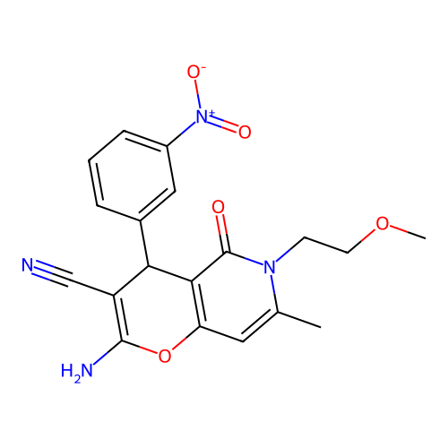 2-amino-6-(2-methoxyethyl)-7-methyl-4-(3-nitrophenyl)-5-oxo-5,6-dihydro-4H-pyrano[3,2-c]pyridine-3-carbonitrile structure