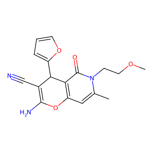 2-amino-4-(furan-2-yl)-6-(2-methoxyethyl)-7-methyl-5-oxo-5,6-dihydro-4H-pyrano[3,2-c]pyridine-3-carbonitrile structure