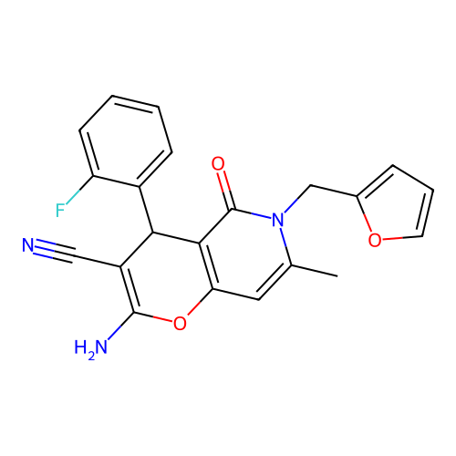 2-amino-4-(2-fluorophenyl)-6-(furan-2-ylmethyl)-7-methyl-5-oxo-5,6-dihydro-4H-pyrano[3,2-c]pyridine-3-carbonitrile structure