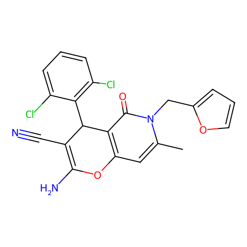 2-amino-4-(2,6-dichlorophenyl)-6-(furan-2-ylmethyl)-7-methyl-5-oxo-5,6-dihydro-4H-pyrano[3,2-c]pyridine-3-carbonitrile structure