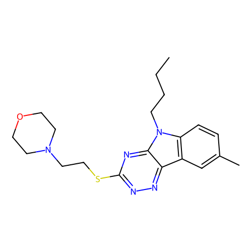 4-[2-[(5-butyl-8-methyl-[1,2,4]triazino[5,6-b]indol-3-yl)sulfanyl]ethyl]morpholine structure
