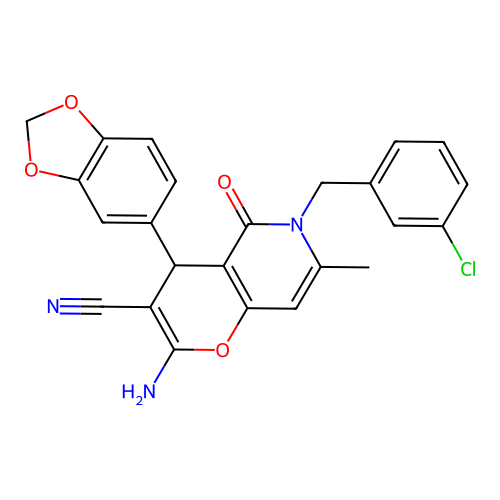 2-amino-4-(1,3-benzodioxol-5-yl)-6-(3-chlorobenzyl)-7-methyl-5-oxo-5,6-dihydro-4H-pyrano[3,2-c]pyridine-3-carbonitrile structure
