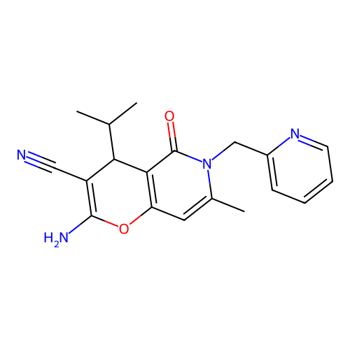 2-amino-7-methyl-5-oxo-4-(propan-2-yl)-6-(pyridin-2-ylmethyl)-5,6-dihydro-4H-pyrano[3,2-c]pyridine-3-carbonitrile structure