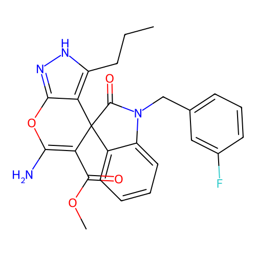 methyl 6'-amino-1-(3-fluorobenzyl)-2-oxo-3'-propyl-1'H-spiro[indoline-3,4'-pyrano[2,3-c]pyrazole]-5'-carboxylate structure