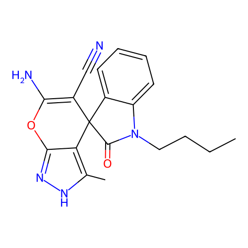 6'-amino-1-butyl-3'-methyl-2-oxo-1,2-dihydro-1'H-spiro[indole-3,4'-pyrano[2,3-c]pyrazole]-5'-carbonitrile structure
