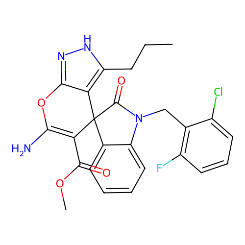 methyl 6'-amino-1-(2-chloro-6-fluorobenzyl)-2-oxo-3'-propyl-1'H-spiro[indoline-3,4'-pyrano[2,3-c]pyrazole]-5'-carboxylate structure