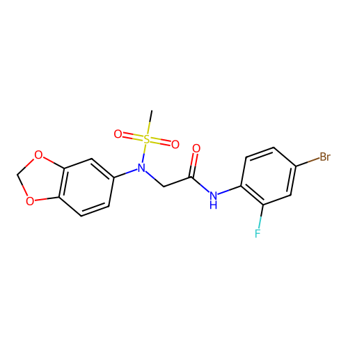 2-[1,3-benzodioxol-5-yl(methylsulfonyl)amino]-N-(4-bromo-2-fluorophenyl)acetamide structure