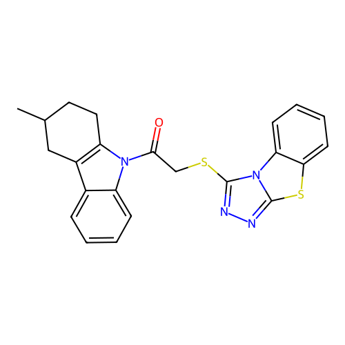 1-(3-methyl-1,2,3,4-tetrahydro-9H-carbazol-9-yl)-2-([1,2,4]triazolo[3,4-b][1,3]benzothiazol-3-ylsulfanyl)ethanone structure