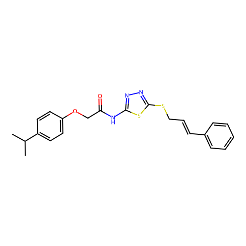 N-[5-[(E)-3-phenylprop-2-enyl]sulfanyl-1,3,4-thiadiazol-2-yl]-2-(4-propan-2-ylphenoxy)acetamide structure