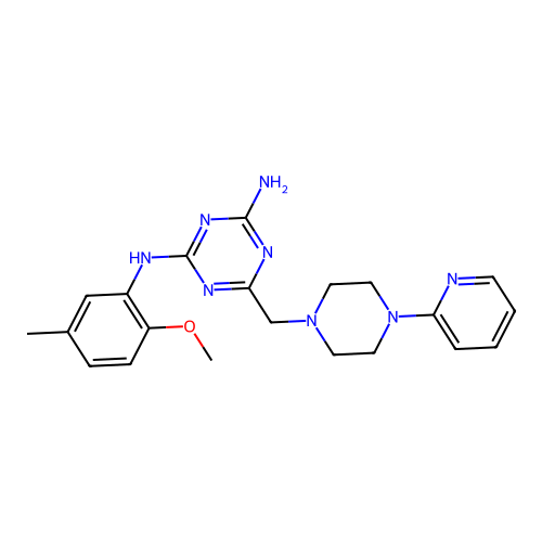 N-(4-amino-6-{[4-(2-pyridyl)piperazino]methyl}-1,3,5-triazin-2-yl)-N-(2-methoxy-5-methylphenyl)amine structure