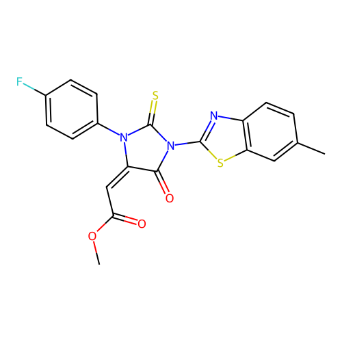 methyl (2E)-[3-(4-fluorophenyl)-1-(6-methyl-1,3-benzothiazol-2-yl)-5-oxo-2-thioxoimidazolidin-4-ylidene]ethanoate structure