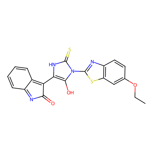 (3E)-3-[1-(6-ethoxy-1,3-benzothiazol-2-yl)-5-oxo-2-thioxoimidazolidin-4-ylidene]-1,3-dihydro-2H-indol-2-one structure