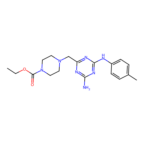 ethyl 4-({4-amino-6-[(4-methylphenyl)amino]-1,3,5-triazin-2-yl}methyl)piperazine-1-carboxylate structure