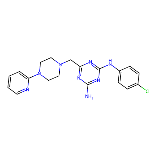 2-N-(4-chlorophenyl)-6-[(4-pyridin-2-ylpiperazin-1-yl)methyl]-1,3,5-triazine-2,4-diamine structure