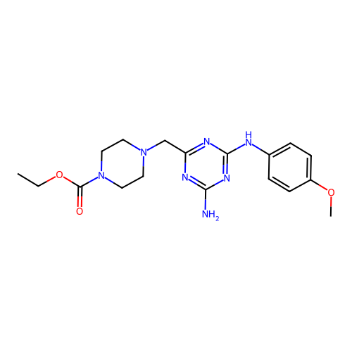 ethyl 4-((4-amino-6-((4-(methyloxy)phenyl)amino)-1,3,5-triazin-2-yl)methyl)-1-piperazinecarboxylate structure