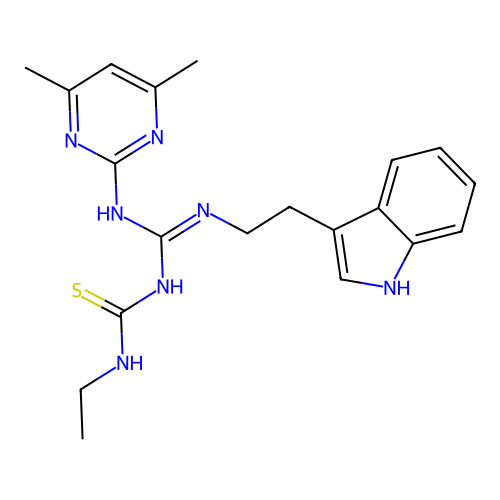 1-[(E)-[(4,6-dimethylpyrimidin-2-yl)amino]{[2-(1H-indol-3-yl)ethyl]amino}methylidene]-3-ethylthiourea structure