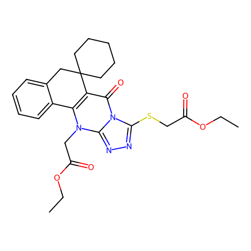 ethyl 2-((12-(2-ethoxy-2-oxoethyl)-7-oxo-7,12-dihydro-5H-spiro[benzo[h][1,2,4]triazolo[3,4-b]quinazoline-6,1'-cyclohexan]-9-yl)thio)acetate structure