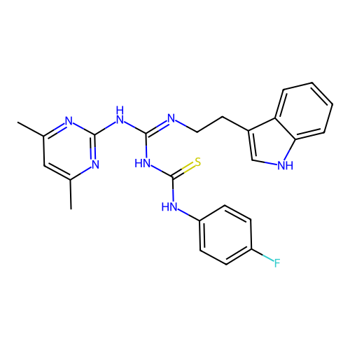 1-[(E)-[(4,6-dimethylpyrimidin-2-yl)amino]{[2-(1H-indol-3-yl)ethyl]amino}methylidene]-3-(4-fluorophenyl)thiourea structure