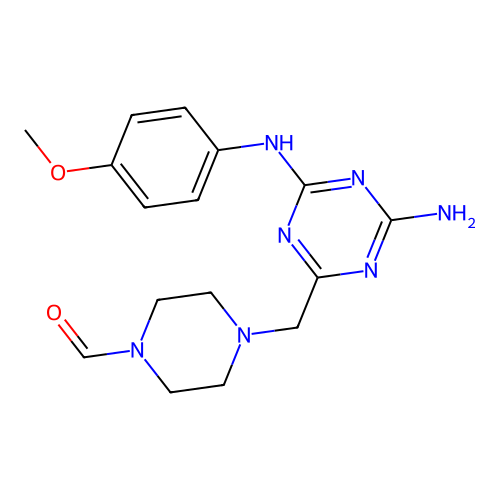 4-({4-amino-6-[(4-methoxyphenyl)amino]-1,3,5-triazin-2-yl}methyl)piperazine-1-carbaldehyde structure