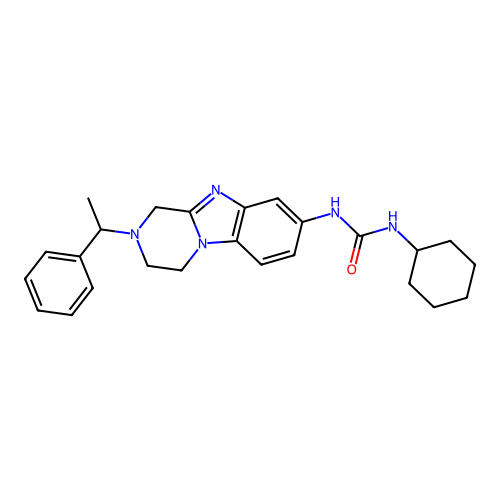 1-cyclohexyl-3-[2-(1-phenylethyl)-3,4-dihydro-1H-pyrazino[1,2-a]benzimidazol-8-yl]urea structure