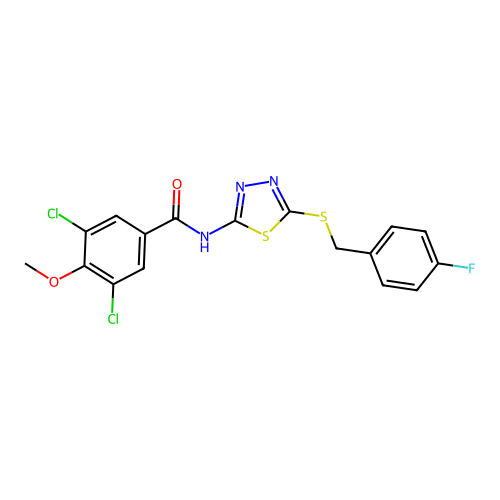 3,5-dichloro-N-[5-[(4-fluorophenyl)methylsulfanyl]-1,3,4-thiadiazol-2-yl]-4-methoxybenzamide structure