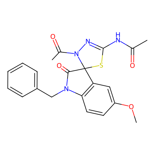 N-(4-acetyl-1'-benzyl-5'-methoxy-2'-oxospiro[1,3,4-thiadiazole-5,3'-indole]-2-yl)acetamide structure