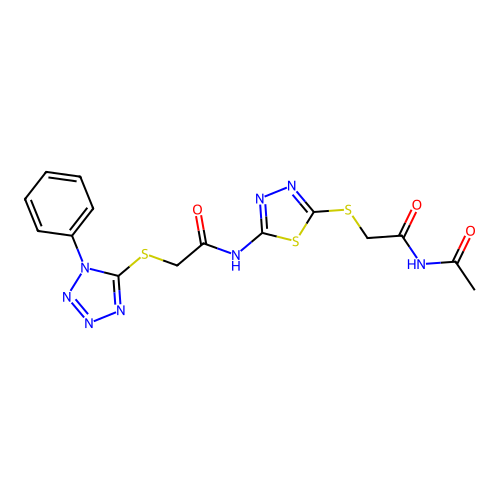 N-[5-(2-acetamido-2-oxoethyl)sulfanyl-1,3,4-thiadiazol-2-yl]-2-(1-phenyltetrazol-5-yl)sulfanylacetamide structure