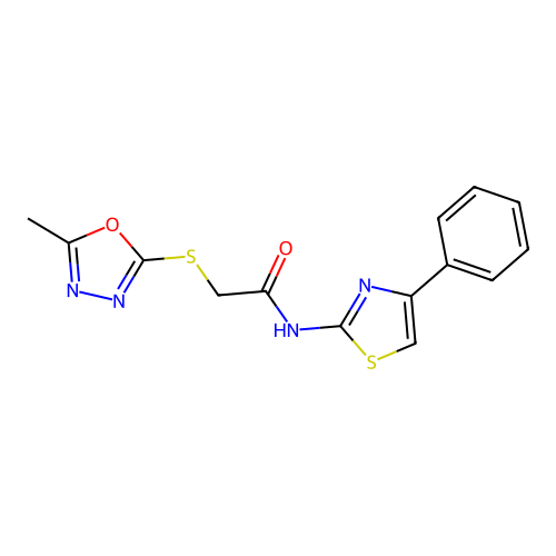 2-[(5-methyl-1,3,4-oxadiazol-2-yl)sulfanyl]-N-(4-phenyl-1,3-thiazol-2-yl)acetamide structure