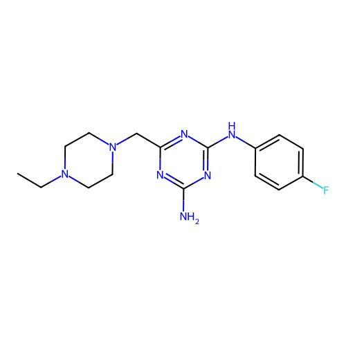 6-[(4-ethylpiperazin-1-yl)methyl]-N-(4-fluorophenyl)-1,3,5-triazine-2,4-diamine structure