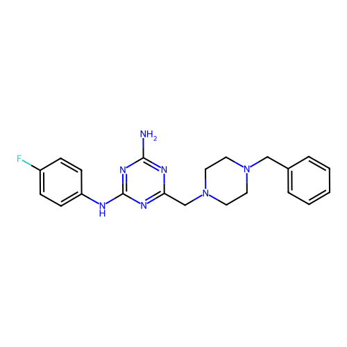 6-[(4-benzylpiperazin-1-yl)methyl]-N-(4-fluorophenyl)-1,3,5-triazine-2,4-diamine structure