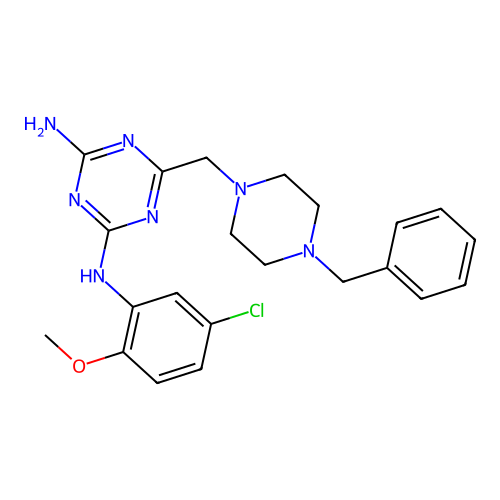 6-[(4-benzylpiperazin-1-yl)methyl]-N-(5-chloro-2-methoxyphenyl)-1,3,5-triazine-2,4-diamine structure