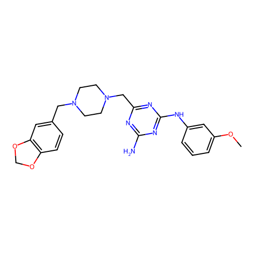 6-{[4-(1,3-benzodioxol-5-ylmethyl)piperazin-1-yl]methyl}-N-(3-methoxyphenyl)-1,3,5-triazine-2,4-diamine structure