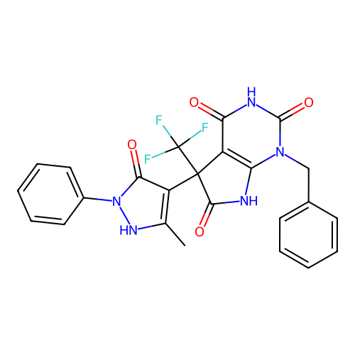 1-benzyl-5-(5-methyl-3-oxo-2-phenyl-1H-pyrazol-4-yl)-5-(trifluoromethyl)-7H-pyrrolo[2,3-d]pyrimidine-2,4,6-trione structure