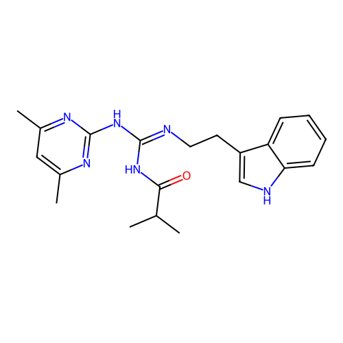 N-[(E)-[(4,6-dimethylpyrimidin-2-yl)amino]{[2-(1H-indol-3-yl)ethyl]amino}methylidene]-2-methylpropanamide structure