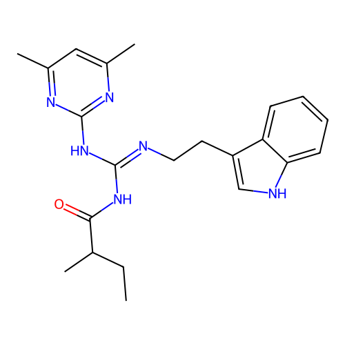 N-[(E)-[(4,6-dimethylpyrimidin-2-yl)amino]{[2-(1H-indol-3-yl)ethyl]amino}methylidene]-2-methylbutanamide structure