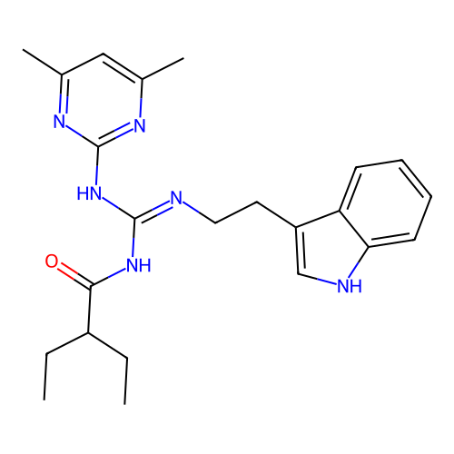 N-[(E)-[(4,6-dimethylpyrimidin-2-yl)amino]{[2-(1H-indol-3-yl)ethyl]amino}methylidene]-2-ethylbutanamide structure