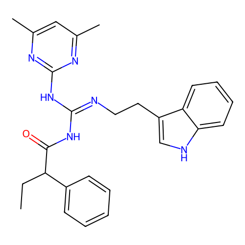 N-[(E)-[(4,6-dimethylpyrimidin-2-yl)amino]{[2-(1H-indol-3-yl)ethyl]amino}methylidene]-2-phenylbutanamide structure