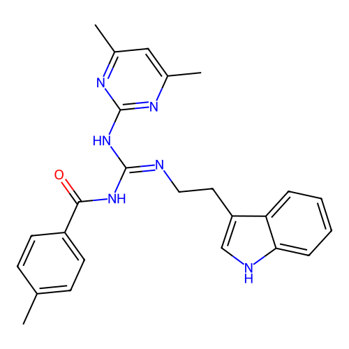 N-[(E)-[(4,6-dimethylpyrimidin-2-yl)amino]{[2-(1H-indol-3-yl)ethyl]amino}methylidene]-4-methylbenzamide structure