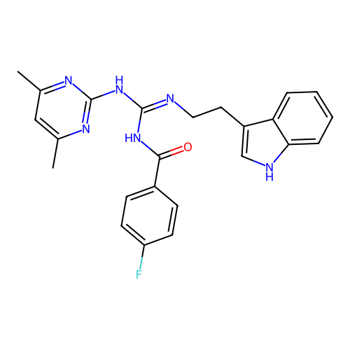 N-[(E)-[(4,6-dimethylpyrimidin-2-yl)amino]{[2-(1H-indol-3-yl)ethyl]amino}methylidene]-4-fluorobenzamide structure