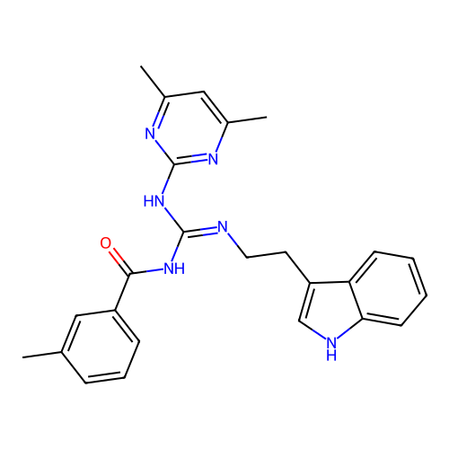 N-[(E)-[(4,6-dimethylpyrimidin-2-yl)amino]{[2-(1H-indol-3-yl)ethyl]amino}methylidene]-3-methylbenzamide structure